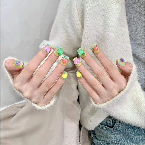 Unghie Finte 3D Frutta Fatte a Mano Corte Quadrato Tonde Macaron Sfumate Unghie Artificiali per Donne Ragazze Kit Nail Art
