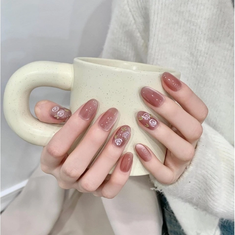 Unghie Finte Occhio di Gatto Rosa Nebbia Con Fiori Dipinti a Mano Punta Ovale Corta Fatta a Mano per Donna Manicure Quotidiana