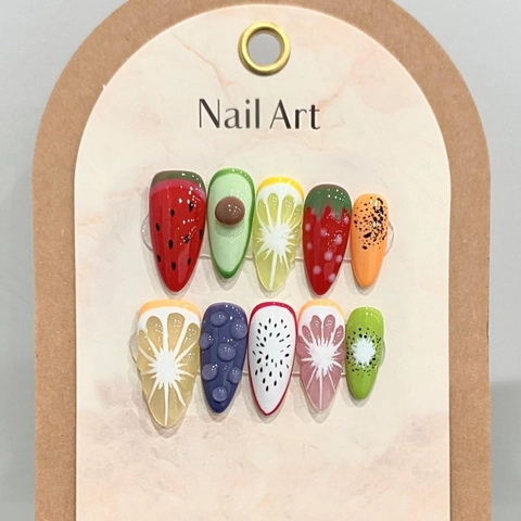Uñas Postizas Hechas a Mano Verano Frutas Relieve 3D Patrón Pitaya Limón Fresa Almendra Mediana Larga Reutilizables