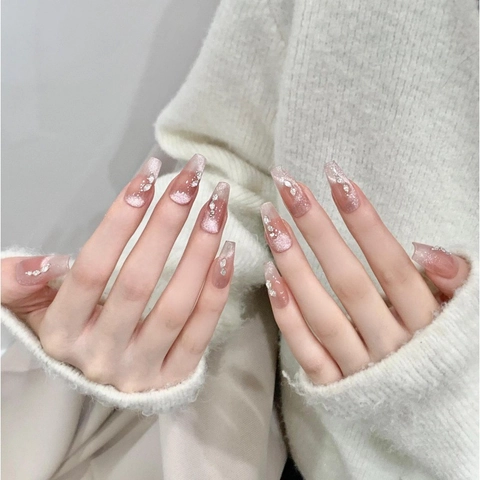 Unghie Finte a Pressione Fatte a Mano Rosa Nude Sfumato Occhio di Gatto Con Strass Forma a Bara Lunga Elegante per Donna