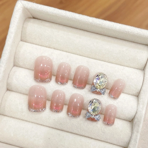 Handmade French Ombre Nude Pink Press On Nails Luxury Rhinestone Silver Butterfly Bow False Nails For Women Wedding