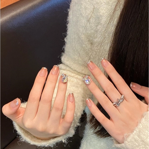 Handmade French Ombre Nude Pink Press On Nails Luxury Rhinestone Silver Butterfly Bow False Nails For Women Wedding