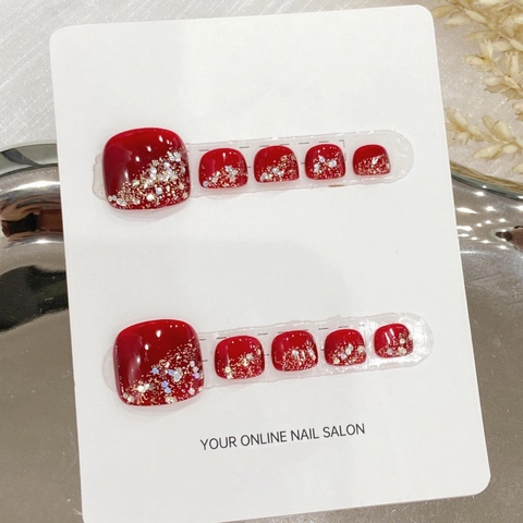 Unghie Finte per Piedi a Pressione Rosso Scuro Fatte a Mano Brillantini Paillettes Sfumate Decorazione per Arte del Piede Donna