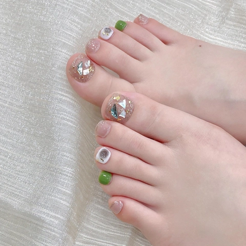 Handmade Press On Toenails With Shell Gold Foil Accents Avocado Green Nude Pink Foot Nail Art Patches For Women Foot Care