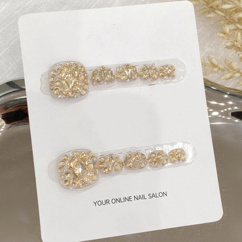 Handmade Luxury White Toenail Press On Nails With Gold Rhinestone And Artificial Pearl Starry Sky Pattern Foot Nail Tips