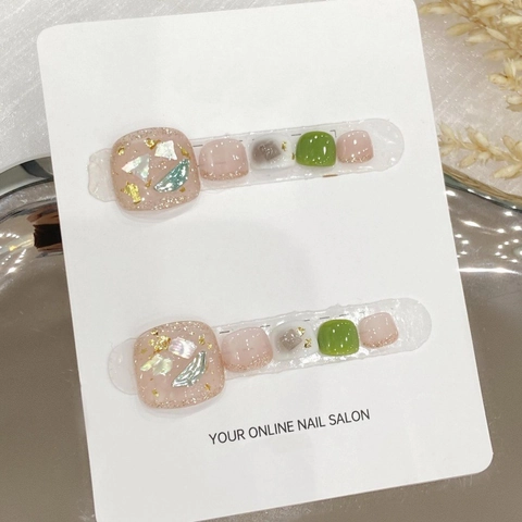 Handmade Press On Toenails With Shell Gold Foil Accents Avocado Green Nude Pink Foot Nail Art Patches For Women Foot Care