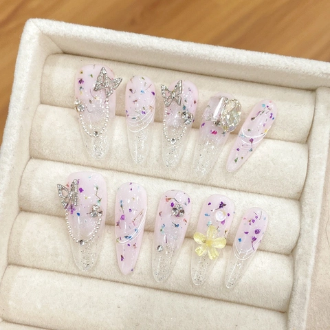 Handgefertigt Rosa Verlauf Schmetterling Künstliche Fingernägel Mit Strass Blume Metallkette Dekor Lange Tropfenform Damen Schönheit