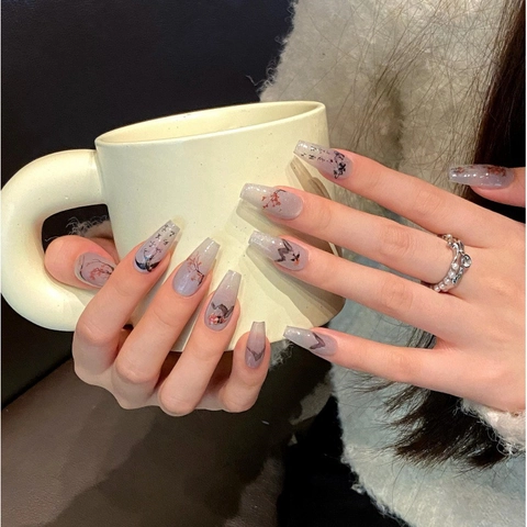 Unghie Finte Artigianali Nuovo Stile Cinese Occhio di Gatto Prugno Rosso Gru Paesaggio Inchiostro Forma a Bara Manicure da Donna