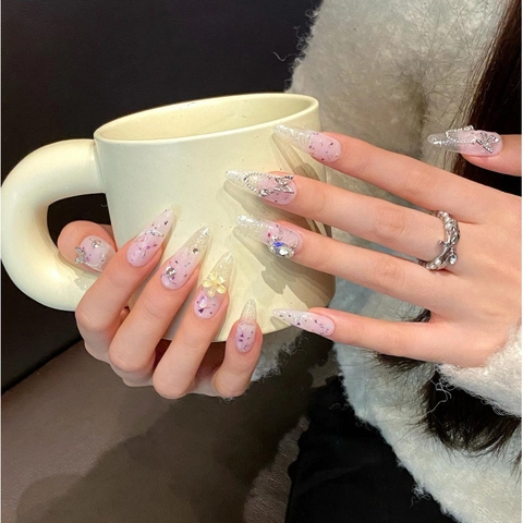 Handgefertigt Rosa Verlauf Schmetterling Künstliche Fingernägel Mit Strass Blume Metallkette Dekor Lange Tropfenform Damen Schönheit