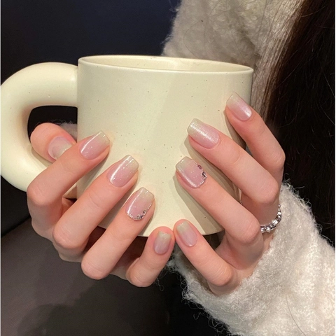 Handmade Cat Eye Press On Nails Short Round Square Gradient Pink Green Rhinestone Decorative Elegant Fake Nails For Women