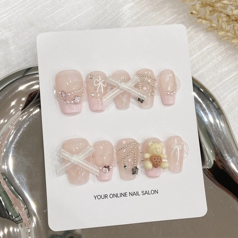 Unghie Finte a Pressione Francese Rosa Nudo Fatte a Mano Con Fiocco 3D Strass Perla Artificiale Decorazione a Cuore Dolce Donna