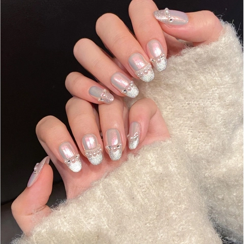 Uñas Postizas Hechas a Mano Ojo de Gato Con Perlas Artificiales Diamantes Elegante Rosa Púrpura Iridiscente Francés Purpurina Uñas Mujer