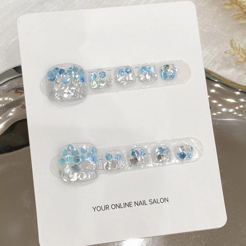 Uñas Postizas de Pies Hechas a Mano Brillo Azul Plata Cielo Estrellado Degradado Uñas Postizas Brillantes Mujer Fiesta