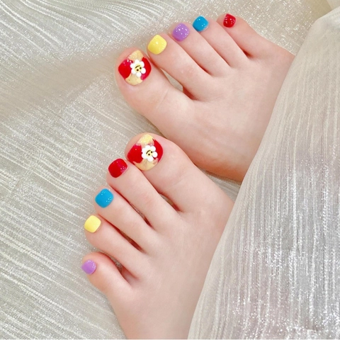 Uñas Postizas para Pies a Presión Hechas a Mano Con Margarita y Cara Sonriente para Mujer Decoración de Verano Colorida