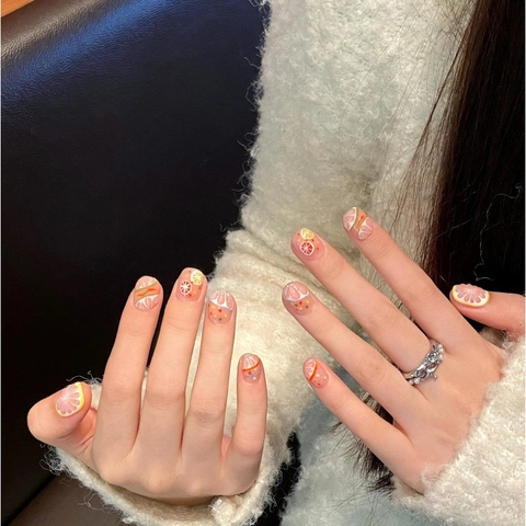 Faux Ongles à Coller Faits à la Main Motif Fruits Relief 3D Pamplemousse Citron Ongles Courts Ronds Pour Femmes Décor Ongles