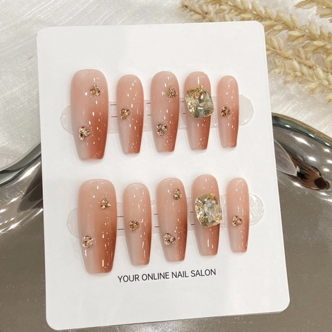Handgefertigte Lange Aufklebbare Nägel Sargform Verlauf Karamell Nude Rosa Strass Besetzt Luxus Ombre Falsche Nägel Für Damen