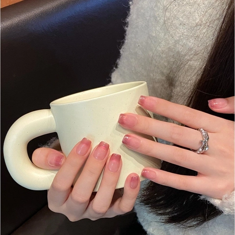 Handmade Pink Purple Gradient Cat Eye Press On Nails Short Trapezoid Shimmer False Nails Fashion Manicure Set For Women