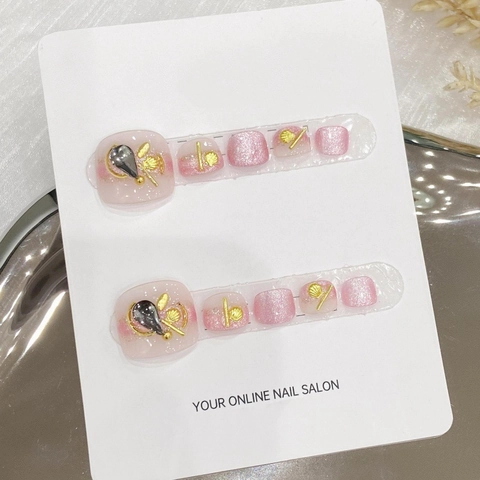 Unghie Finte per Piedi Fatte a Mano Rosa Glitter Lega 3D Decorazione Conchiglia Squisito Stile Oceano Estate Donna