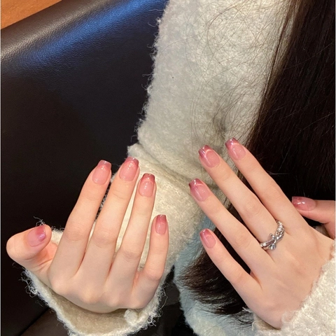 Handmade Pink Purple Gradient Cat Eye Press On Nails Short Trapezoid Shimmer False Nails Fashion Manicure Set For Women