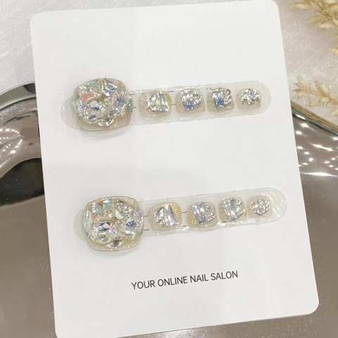 Unghie Finte da Incollare per Piedi Argento Iridescente con Strass Fatte a Mano Lusso Glitter per Donna Festa Matrimonio