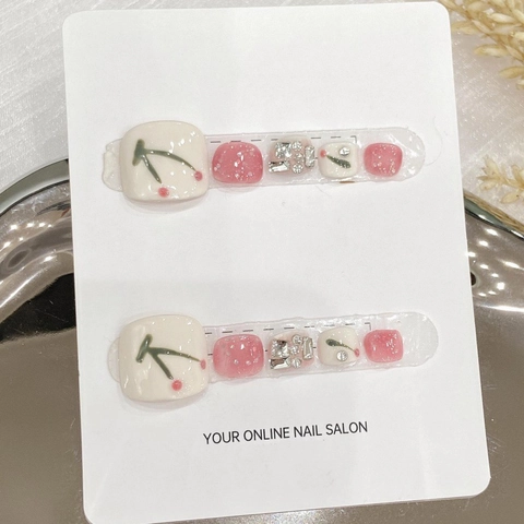 Uñas de los Pies Postizas a Presión de Cereza Hechas a Mano Rosa Blanco Dulce Con Diamantes Pie Decoración Mujer Verano