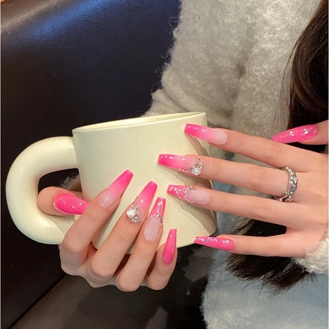 Uñas Postizas Ataúd Extra Largas Hechas a Mano Degradado Rosa Blanco Flores 3D Strass Uñas Elegantes Para Mujeres Fiesta Belleza