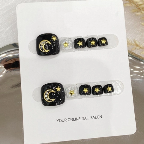 Unghie Finte Piedi Fatte a Mano Nero Argento Con Luna Stella Strass Galassia Glitter Unghie Per Donna