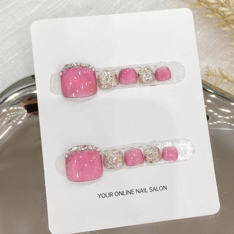 Unghie Finte per Piedi a Pressione Rosa Occhio di Gatto Fatte a Mano Con Strass Künstliche Perle Glitter Argento Lusso per Donna