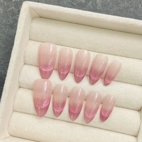 Handmade Cat Eye Press On Nails Reusable Gradient Pink Purple Coffin Almond Fake Nails Dopamine Style Phototherapy Nail Patches