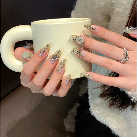 New Chinese Style Ink Bamboo Forest Press On Nails Long Coffin Gradient Green Jade Peace Buckle Handmade Inlaid Nail Tips