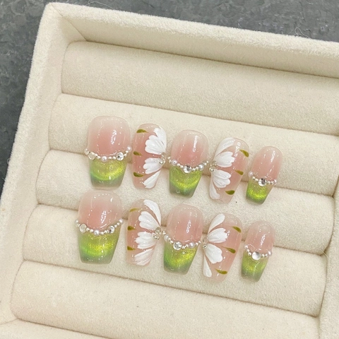 Handgefertigt Grün Rosa Verlauf Künstliche Nägel Mit Weißem Gänseblümchen Strass Künstliche Perle Floral Dekoration Für Damen