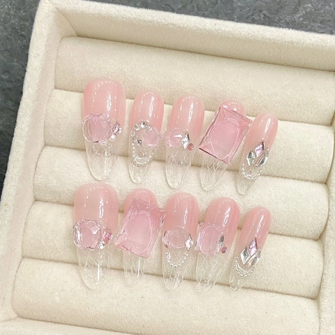 Handmade Pink Gradient Press On Nails With 3D Butterfly Rhinestone Artificial Pearl Decorative Long Almond Fake Nails Set