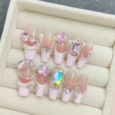 Unghie a Pressione Francesi Sfumate Rosa Fatte a Mano Lusso Lungo Bara Fiocco Strass Perla Per Decorazione Unghie Donna