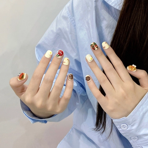 10 piezas de Uñas Postizas a Presión Hechas a Mano 3D Tema Comida Forma de Hamburguesa Pizza Huevo Frito Corto Cuadrado Redondo Con Kit de Herramientas