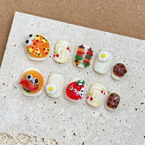 10 piezas de Uñas Postizas a Presión Hechas a Mano 3D Tema Comida Forma de Hamburguesa Pizza Huevo Frito Corto Cuadrado Redondo Con Kit de Herramientas