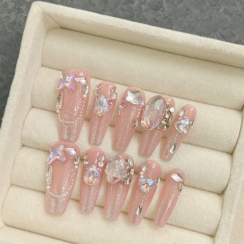 Uñas Postizas de Ataúd Hechas a Mano de Lujo Mariposa Strass 3D Rosa Ojo de Gato Juego de Uñas Para Mujer