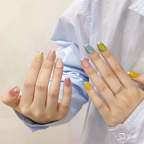 Handgefertigt Katzenauge Kunstnägel Sommer Dopamin Mehrfarbig Französischer Metallrand Eckig Aufklebenägel Set Damen
