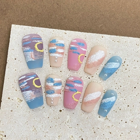 Ölgemälde Stil Handgemalte 3D Relief Matte Nägel Zum Aufdrücken Kurzer Coffin Künstliche Nägel Mit Künstlicher Perle Damen