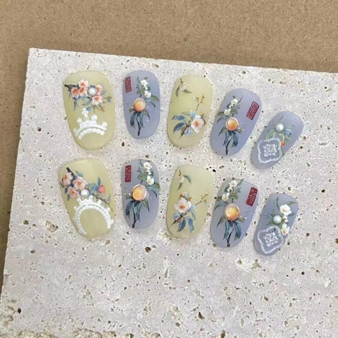 Handmade Press On Nails Chinese Vintage Yellow Peach Blossom Pattern 3D Relief Artificial Pearl Design Oval Fake Nails For Women