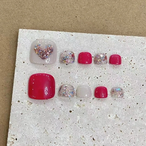 Unghie a Pressione per Piedi Fatte a Mano con Motivo a Cuore Rosso Resina Brillantini Argento Unghie Finte per Donna Decorazione Piedi