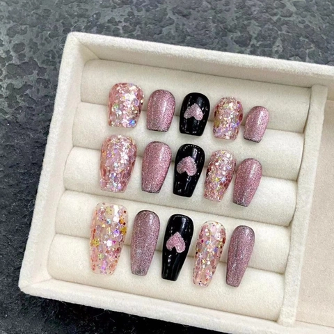 Uñas Postizas Hechas a Mano Rosa Ojo de Gato Corazón Strass Brillo Ataúd Uñas Postizas Manicura Mujer Fiesta Diaria