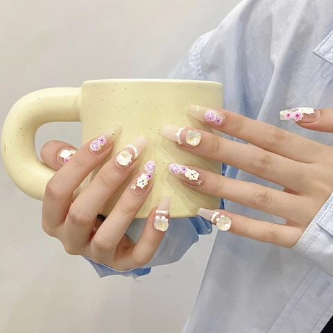 Unghie Finte Press On Cartone Animato Fatto a Mano 3D Orso Gatto Floreale Bara Media Unghie Finte Decorazione Strass Donna