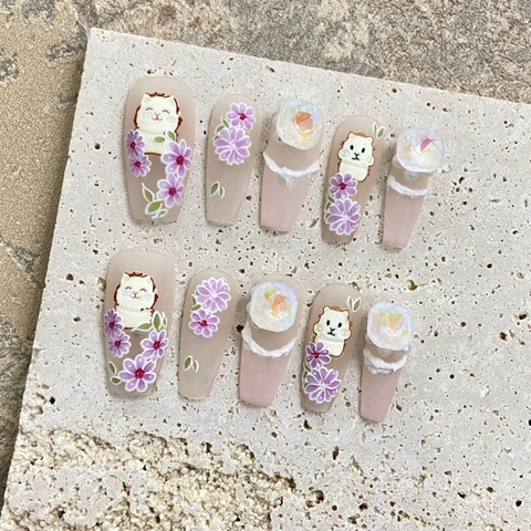 Unghie Finte Press On Cartone Animato Fatto a Mano 3D Orso Gatto Floreale Bara Media Unghie Finte Decorazione Strass Donna