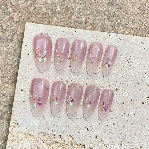 Unghie a Pressione Fatte a Mano Fiori di Ciliegio Aurora Farfalla Rosa Viola Occhio di Gatto Sfumate Mandorla per Donna