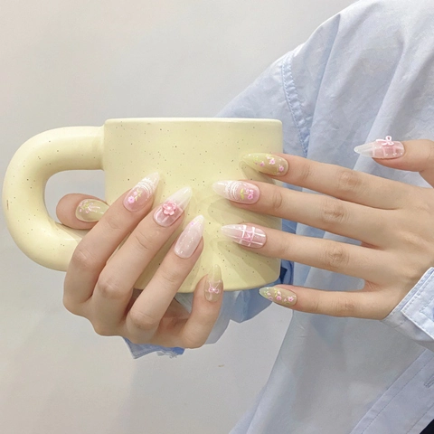 Handgefertigt Mandelform Künstliche Nägel Salbeigrün Rosa Blumendesign 3D Schleife Süß Frisch Lang Aufklebenägel Damen Schmuck