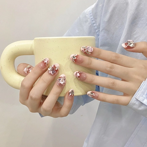 Uñas Postizas Hechas a Mano Degradado Francés Con Corazón de Strass Rosa Perla Artificial Lujosas Uñas Postizas Mujer