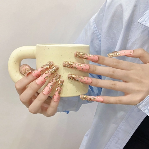 Unghie Finte a Pressione Rosa Lussuose Fatte a Mano Forma a Bara Strass Oro con Foglia Glitterata per Donna Uso Quotidiano Festa