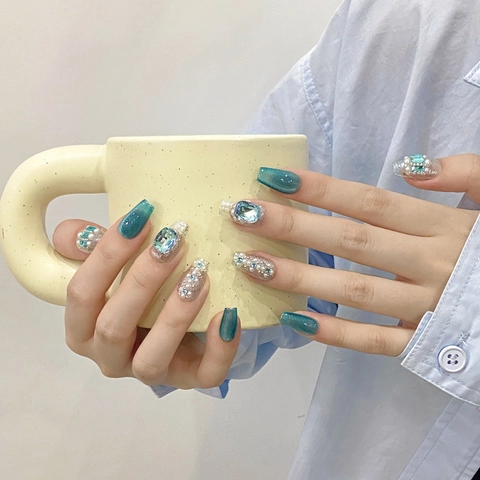 Uñas Postizas para Pegar Hechas a Mano Azul Océano Ojo de Gato Forma Ataúd Largo Diamante de Imitación Perla Artificial para Mujer