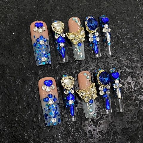 Handgefertigte Lange Sargform Künstliche Fingernägel Blau Schmetterling Strass Luxus Ballerina Falsche Nägel Für Damen Maniküre