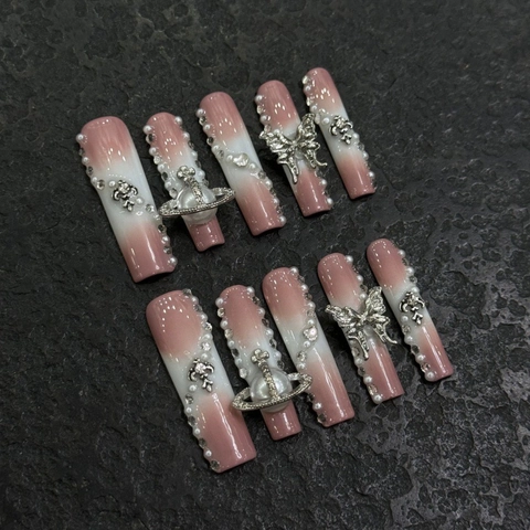 Handmade Pink White Gradient Press On Nails 3D Butterfly Saturn Orb Charm Long Coffin False Nails With Artificial Pearls Rhinestones